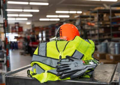 High-visibility vests, gloves and helmet for safety in industrial and construction environments, shown on a metal workbench at PT Hose & Bearing.